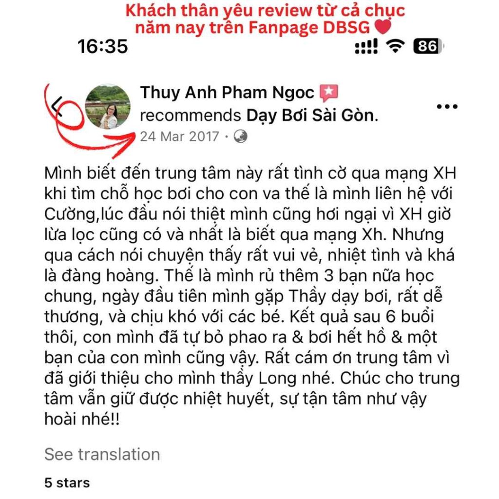 Customer review for Dạy Bơi Sài Gòn swimming lessons, highlighting positive feedback and satisfaction with the instructor and course.